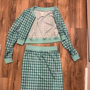 Green Plaid Cropped Jacket and Skirt Set